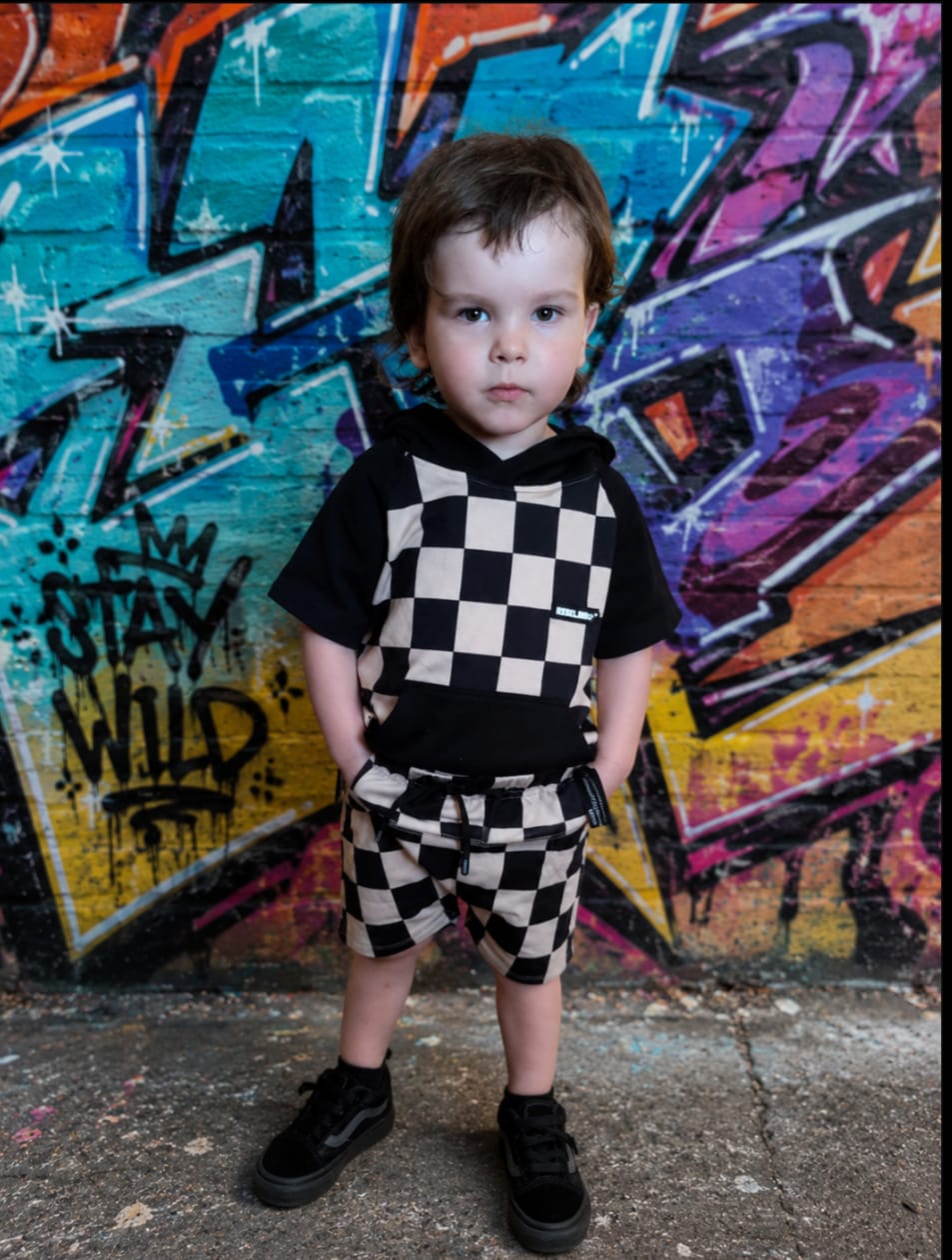 Customer photo review of Relaxed Fit Shorts in Taupe + Black Checkered