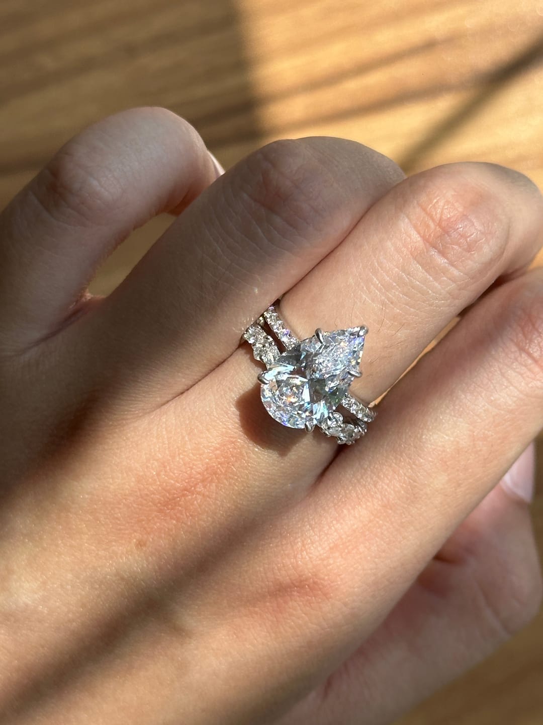 Customer photo review of S925 4.5Ct Pear Cut Hidden Halo Engagement Ring & Wedding Band Statement Ring Sets For Daily Wear