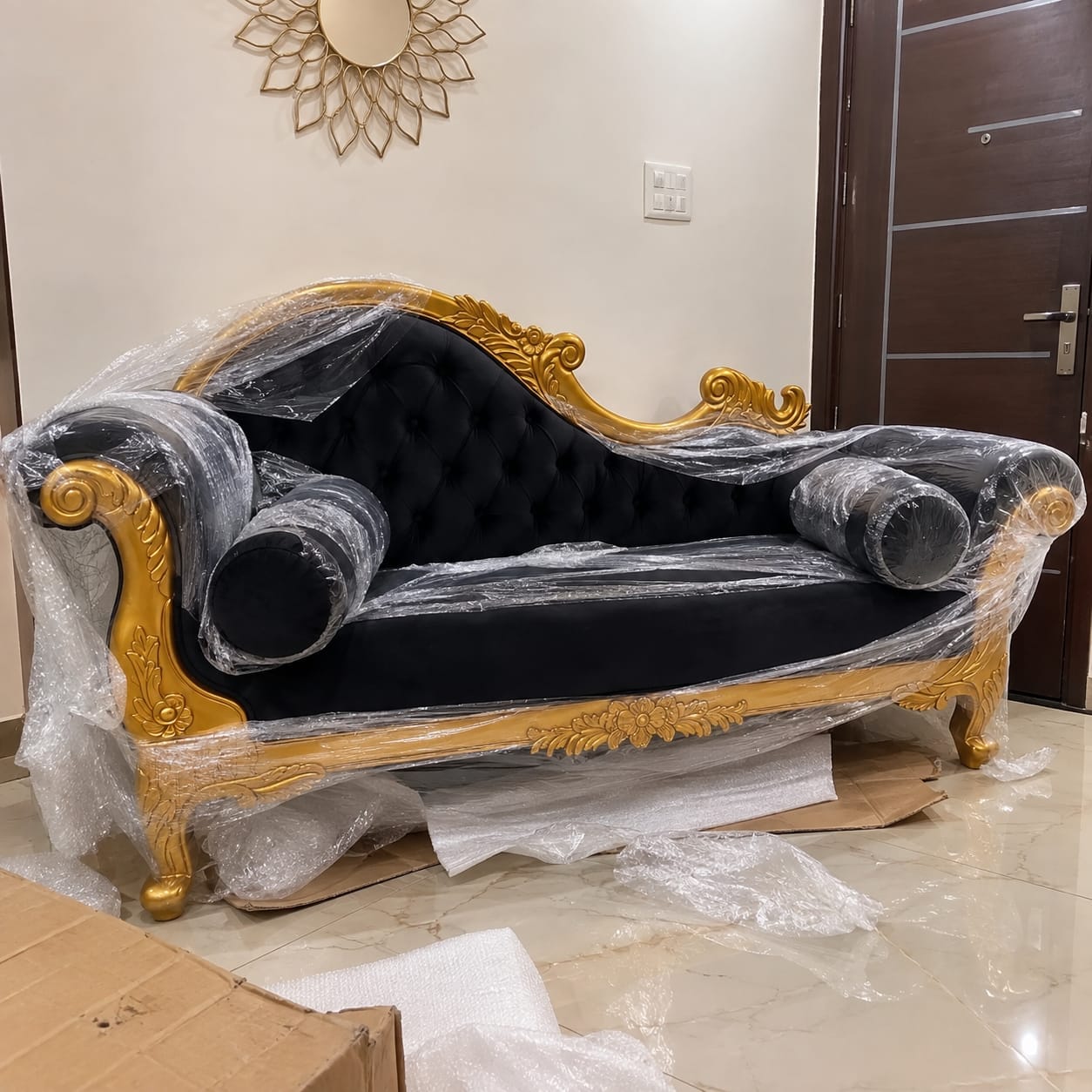 Customer photo review of Handicrafts Teak Wood Couch in Black Velvet Upholstery