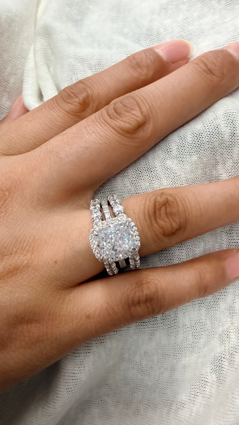 Customer photo review of S925 Gorgeous Halo 4.0Ct Cushion Cut Women's Wedding Set In Sterling Silver