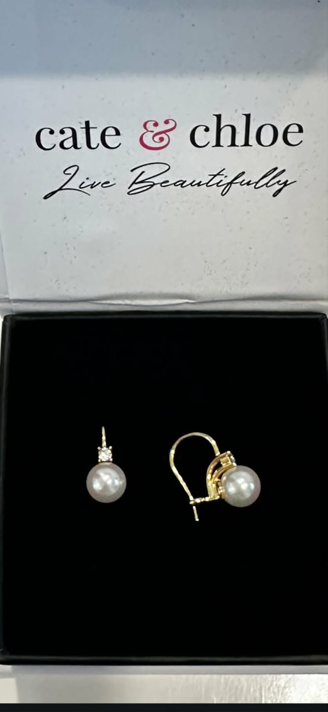 Customer photo review of Cassie 18k White Gold Plated Pearl Drop Earrings with Swarovski Crystals