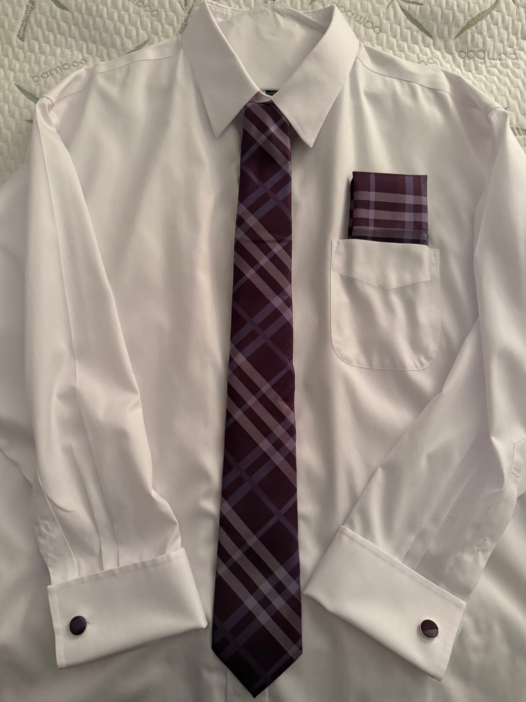 Customer photo review of Ties2you Purple Plaid Necktie Silk Men's Tie Hanky Cufflinks Set Wedding