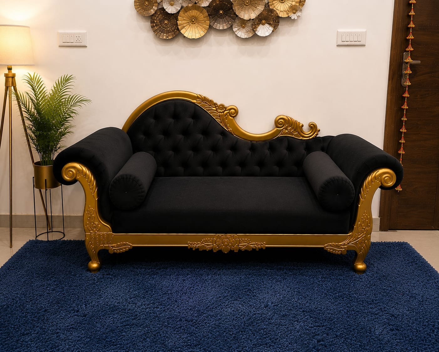 Customer photo review of Handicrafts Teak Wood Couch in Black Velvet Upholstery