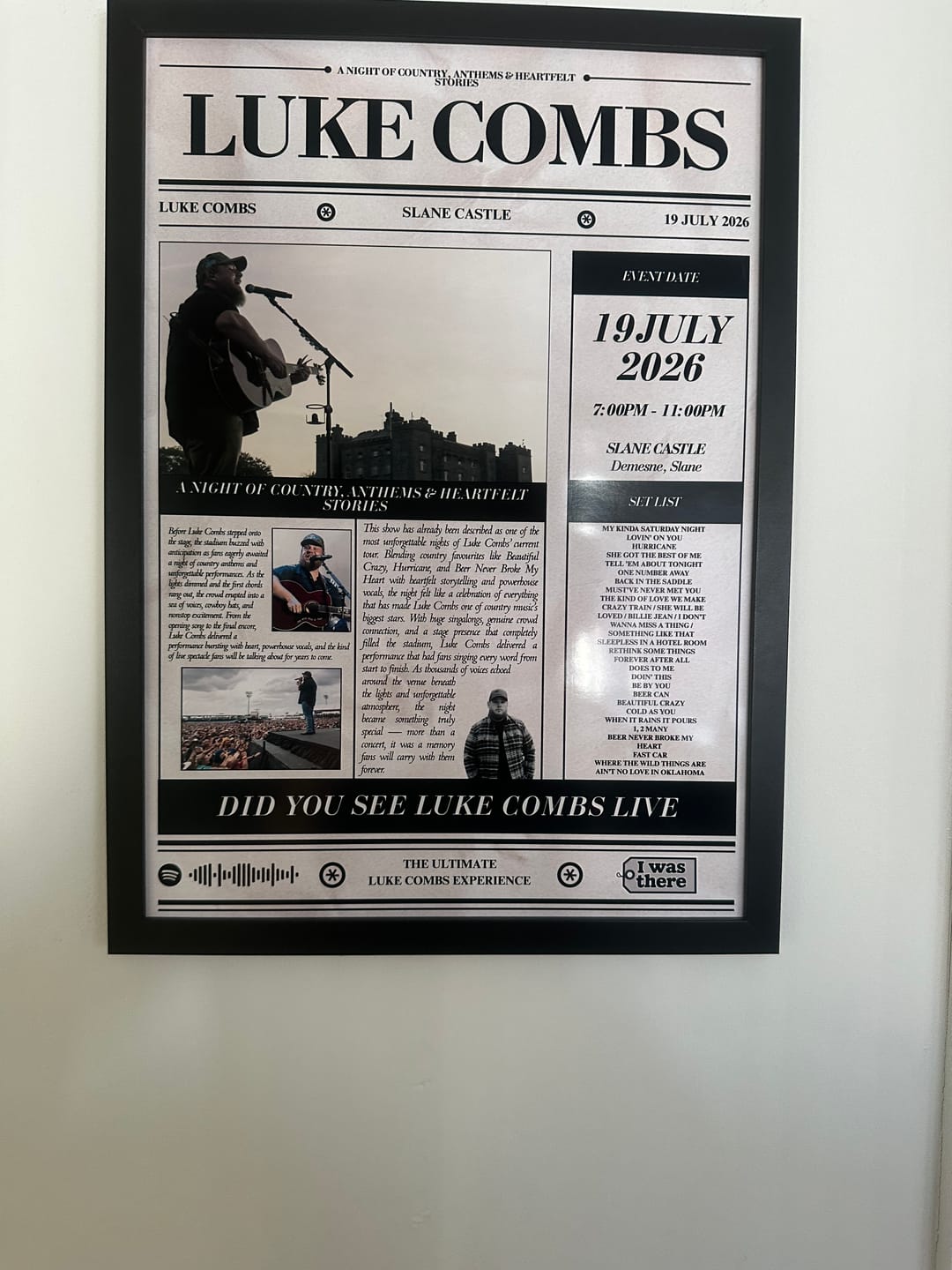 Customer photo review of Luke Combs - Personalised Newspaper Style Concert Poster