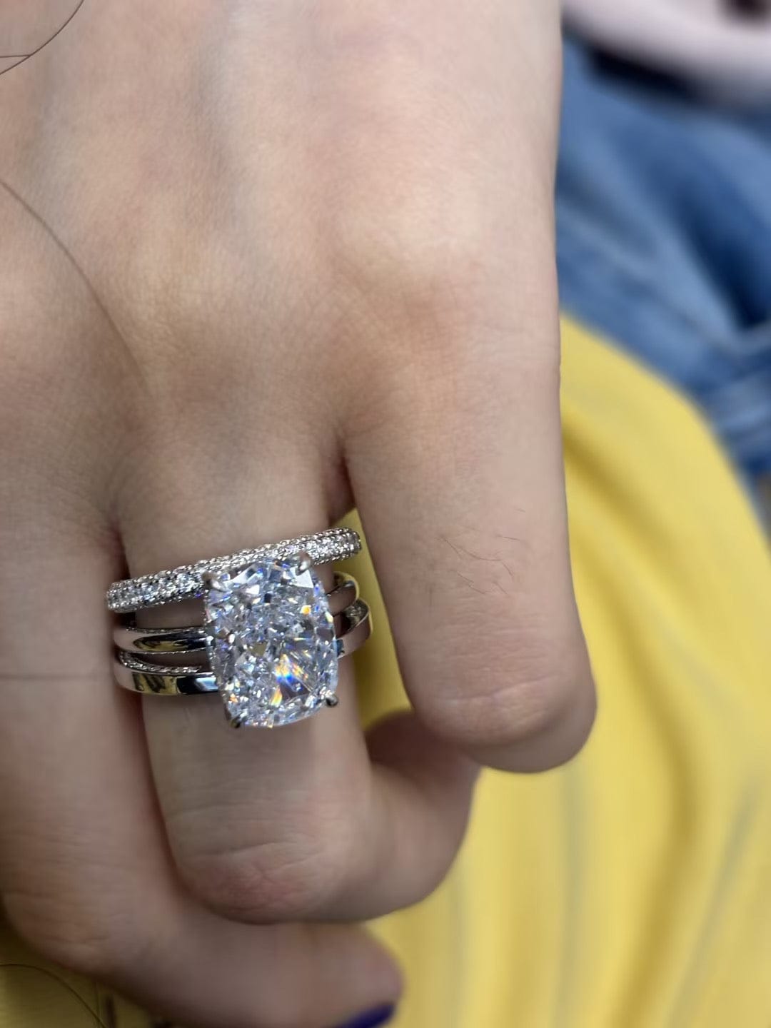 Customer photo review of S925 3PC Wedding Sets 6.5Ct Elongated Cushion Cut Wedding Ring Set With Classic Wedding Bands