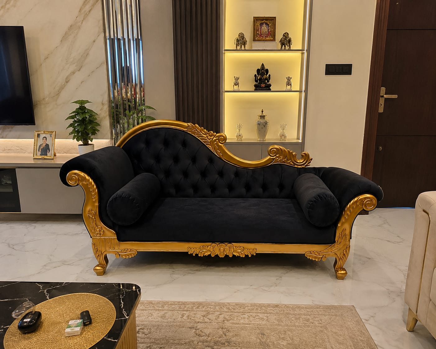 Customer photo review of Handicrafts Teak Wood Couch in Black Velvet Upholstery