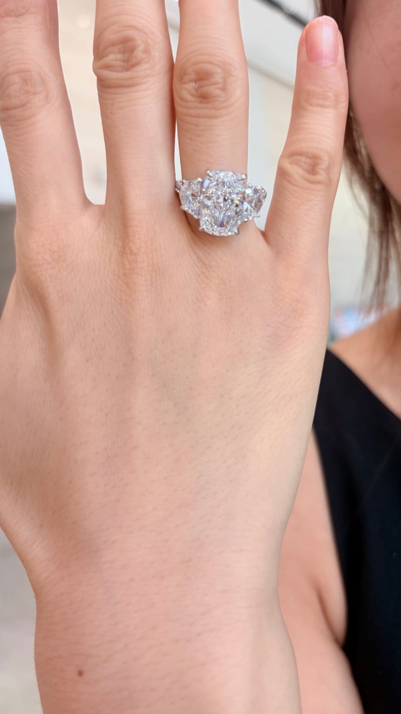 Customer photo review of 6.0 Ct Elongated Cushion Cut Simulated Diamond Three-Stone Travel Engagement Ring in S925 Sterling Silver
