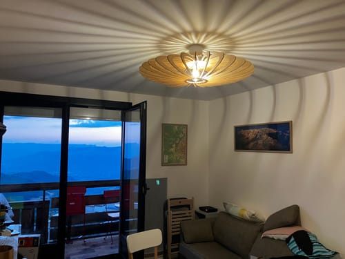 Customer's NEO teinté Chêne suspension installée au plafond, créant des jeux d'ombres rayonnants dans un salon.