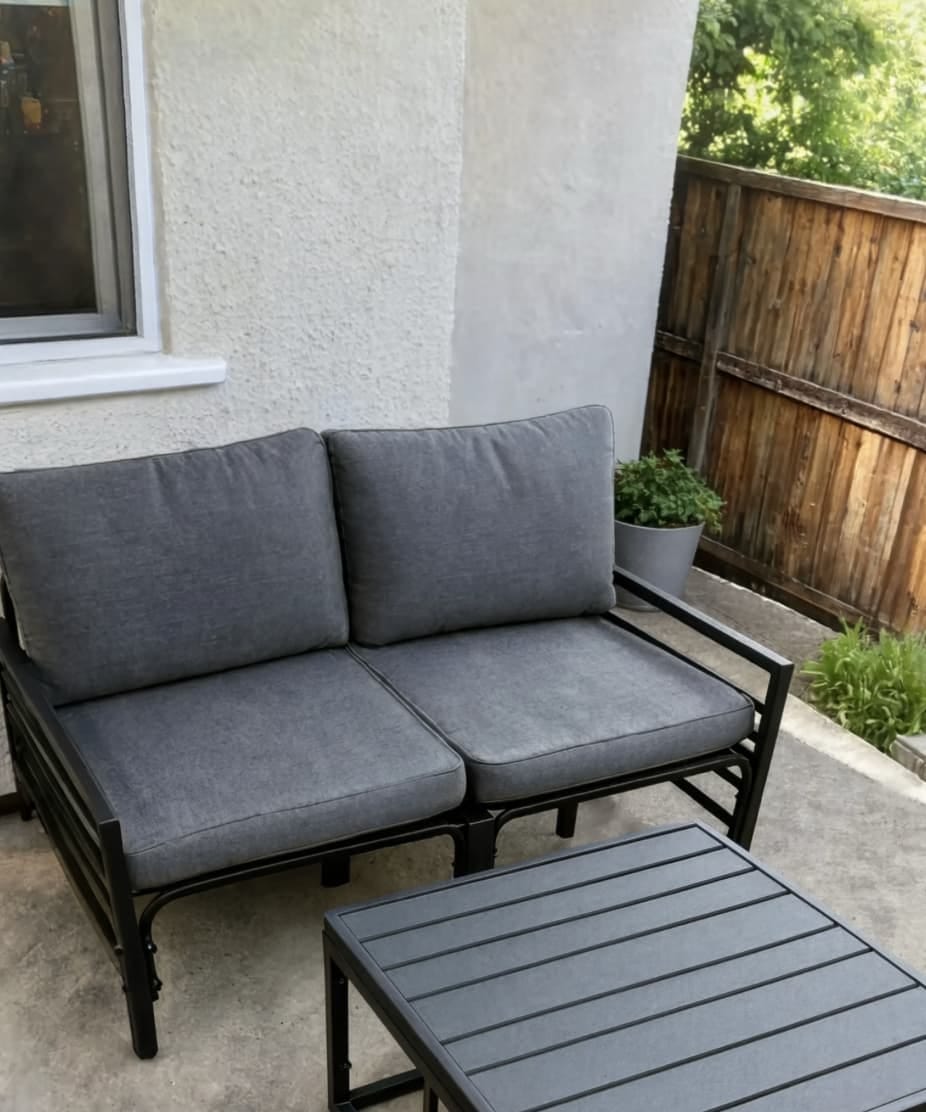 Customer photo review of Black Steel 3-Piece Garden Sofa Set with Cushions & Table | GardenCorner