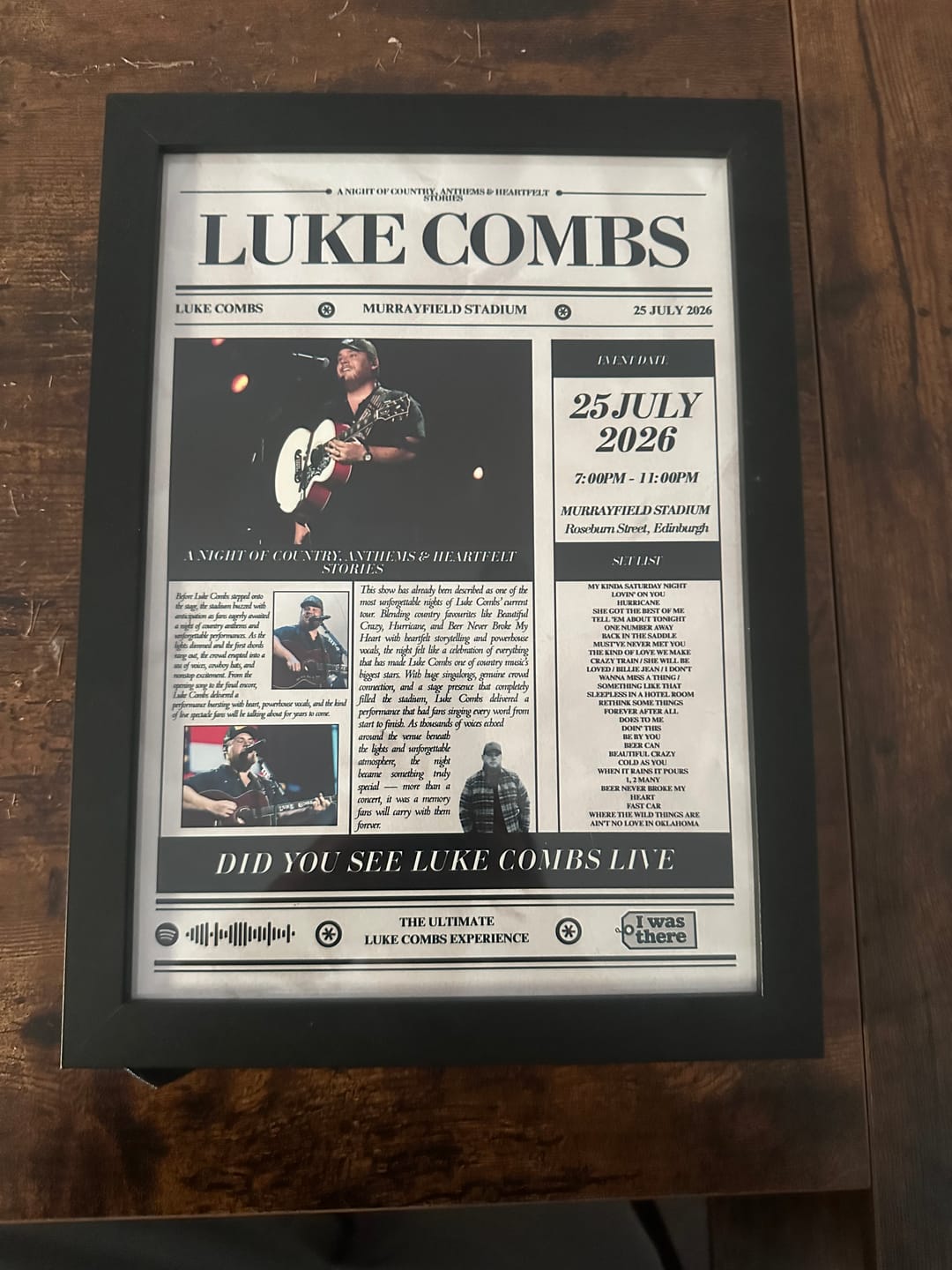 Customer photo review of Luke Combs - Personalised Newspaper Style Concert Poster