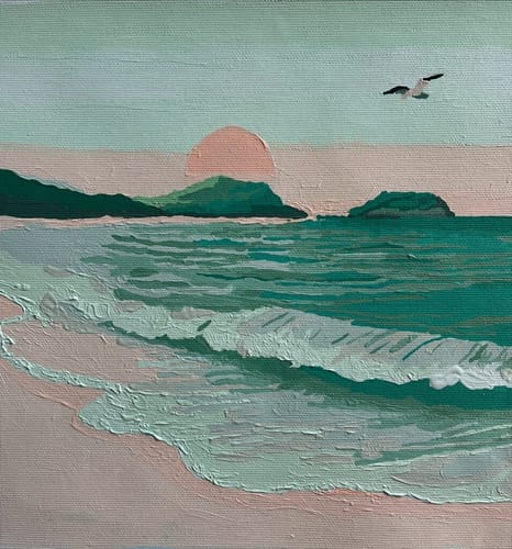 Reviewer's finished Calm Tide painting showing a textured, green ocean scene with a sunrise and a single bird.
