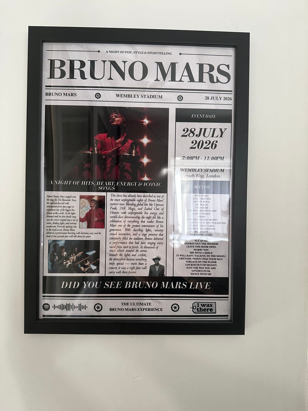 Customer photo review of Bruno Mars - Personalised Newspaper Style Concert Poster