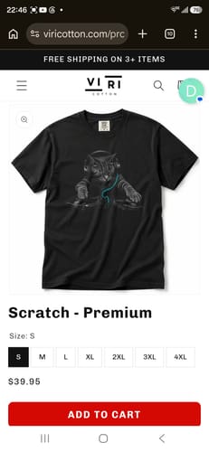Customer's Scratch Premium black t-shirt featuring a graphic print of a cat wearing headphones, viewed on a website.
