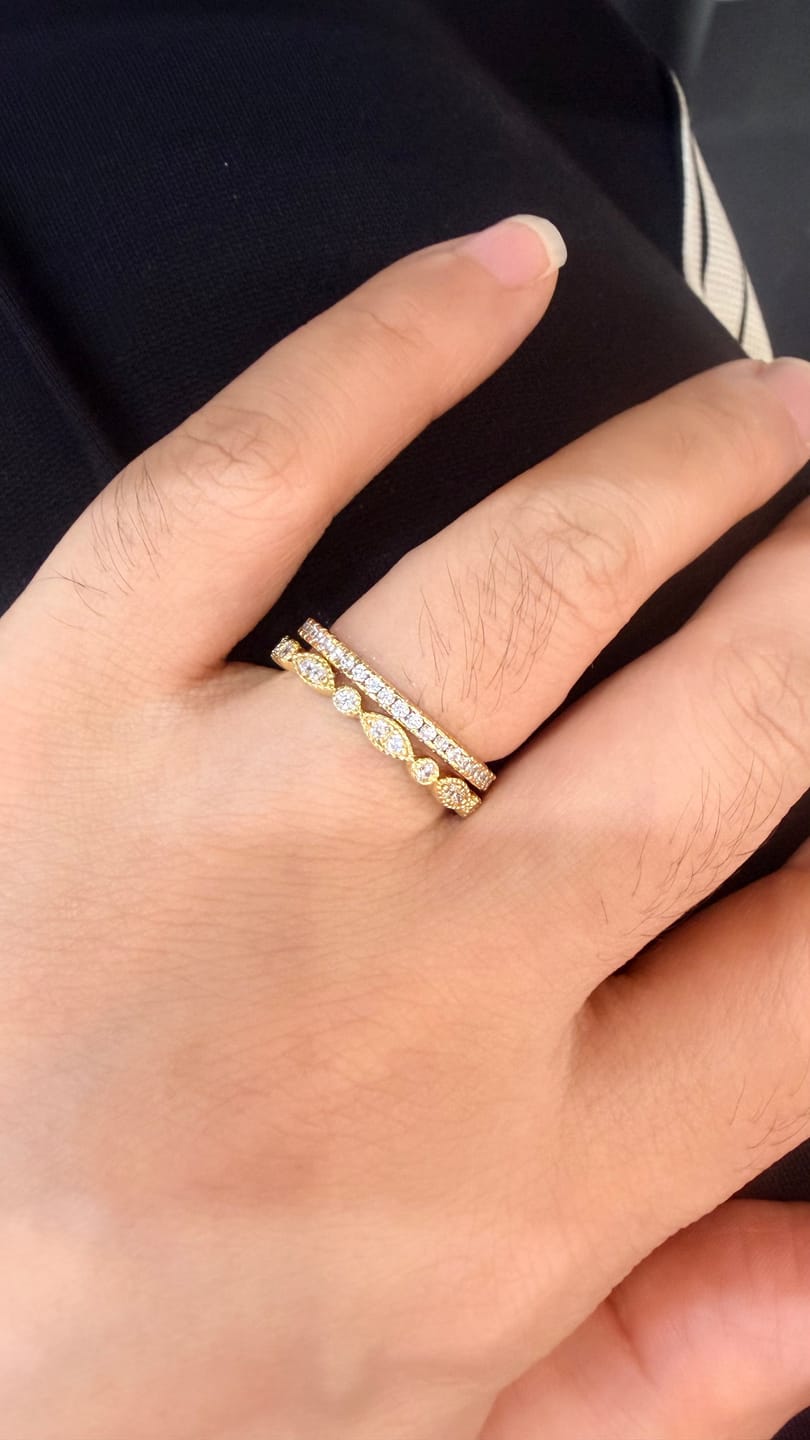 Customer photo review of Louily Yellow Gold Full Eternity Art Deco Stackable Wedding Band Set