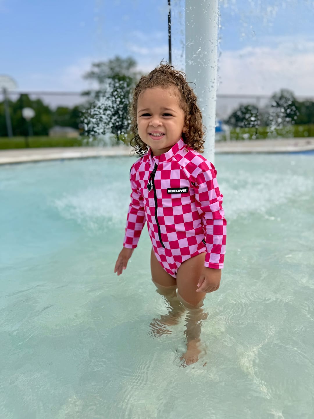 Customer photo review of UPF50+ Girls One Piece Swimsuit in Bubble Gum Checkered