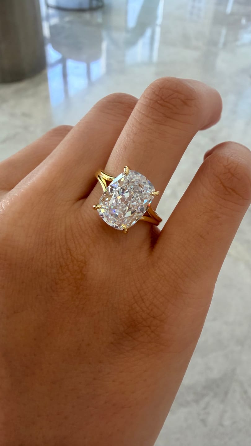 Customer photo review of S925 5.5Ct Cushion Cut Split Shank Engagement Ring Gold Plated Hidden Halo Bridal Ring For Everyday Wear