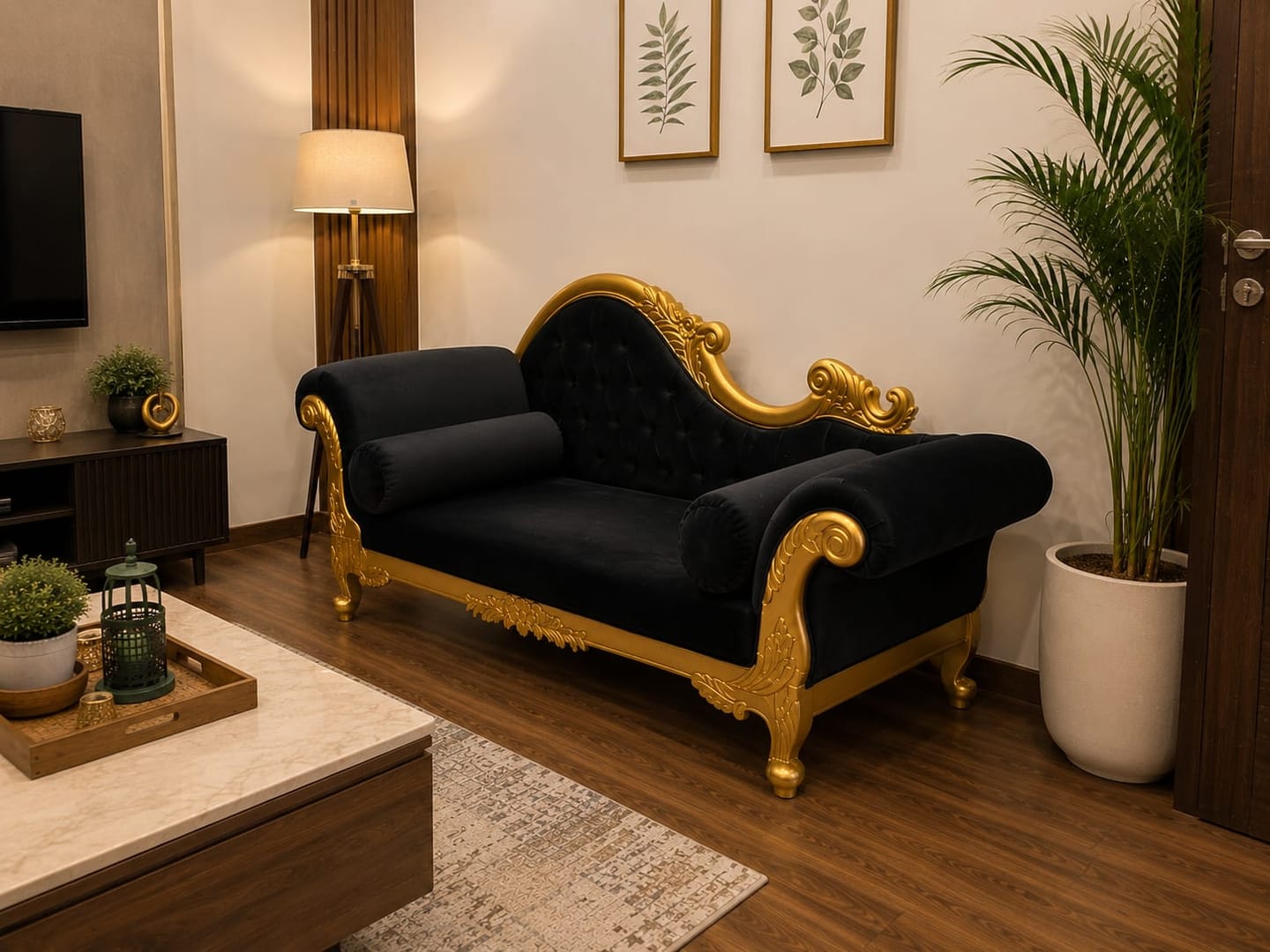 Customer photo review of Handicrafts Teak Wood Couch in Black Velvet Upholstery