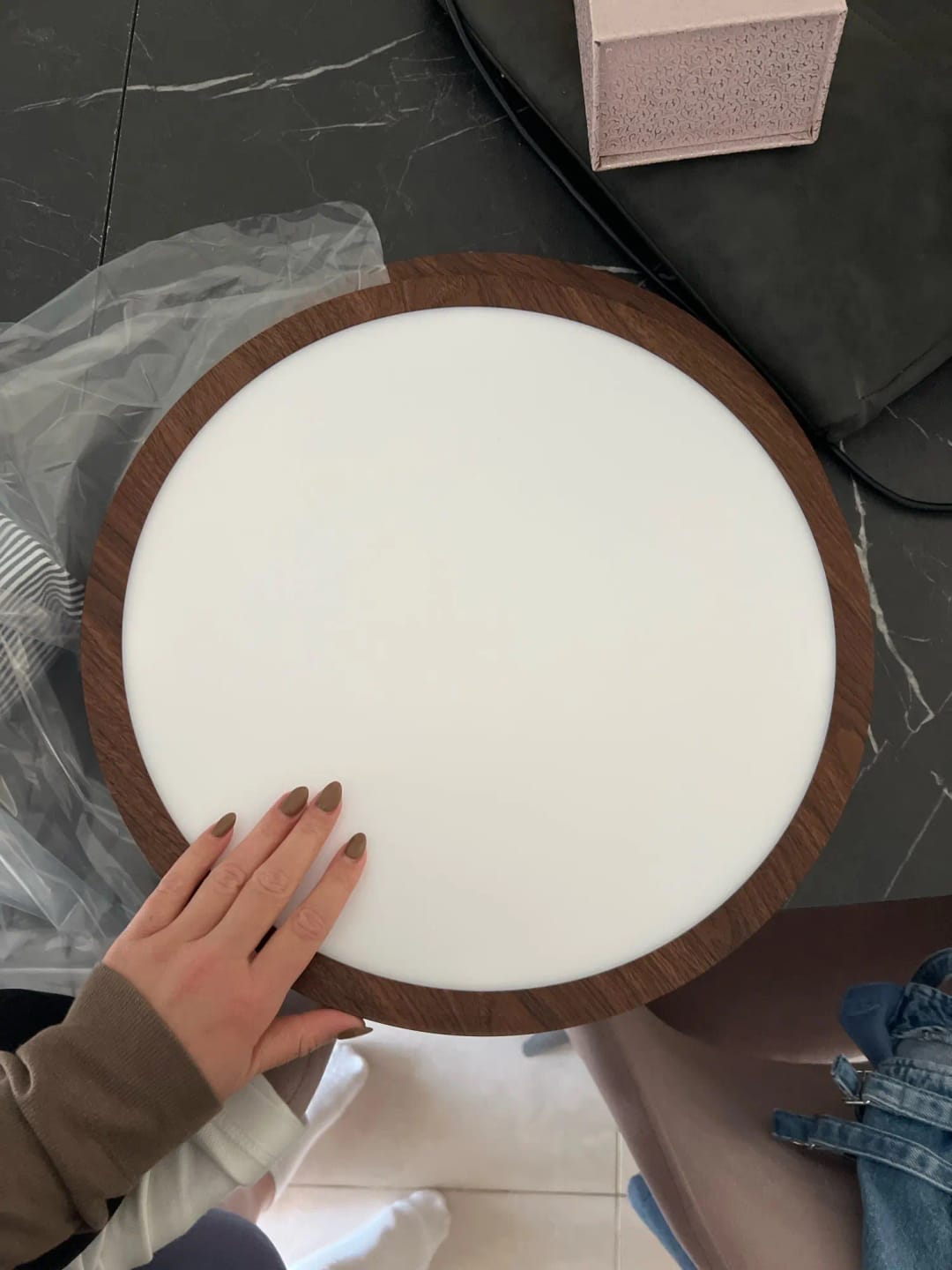 Customer photo review of Ceiling Light, Natural Rubberwood, Slim Flush Mount, Integrated LED
