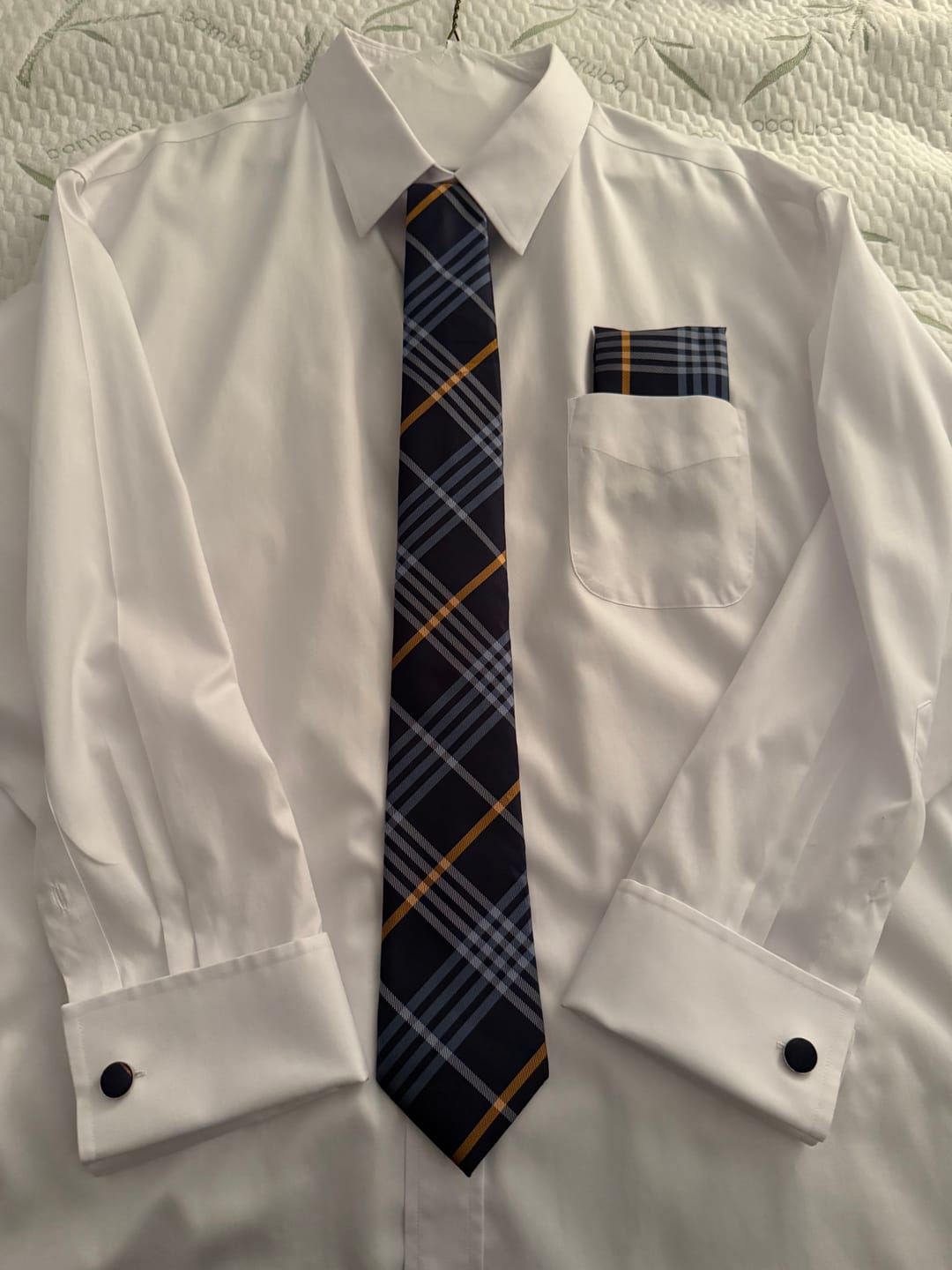 Customer photo review of Navy Blue Yellow Plaid Necktie Pocket Square Cufflinks Set
