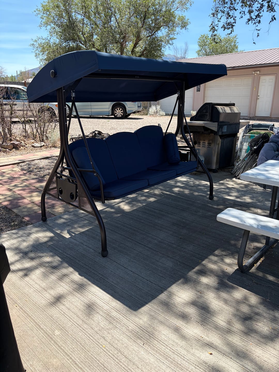 Customer photo review of Homrest 3-Seater Outdoor Porch Swing with Stand, Adjustable Canopy & Backrest, Blue