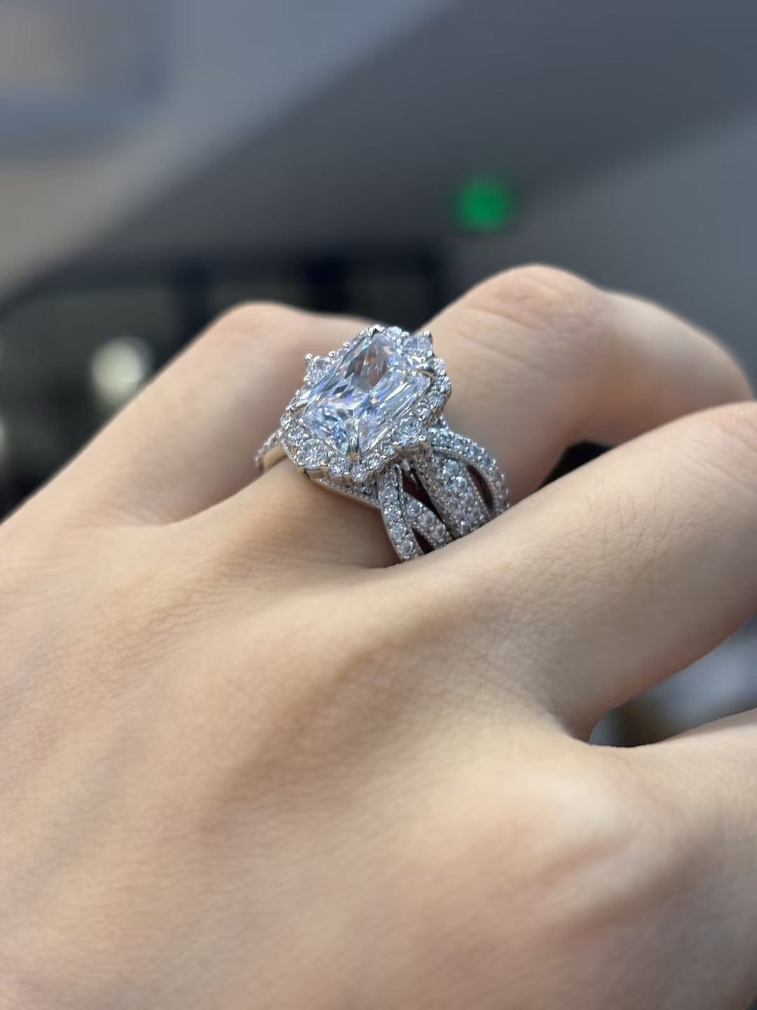 Customer photo review of S925 3.0Ct Radiant Cut Black Stone/White Stone Halo Insert Wedding Ring Set For Women In Sterling Silver