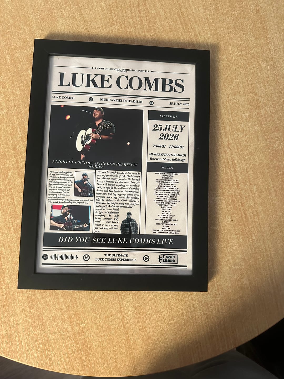 Customer photo review of Luke Combs - Personalised Newspaper Style Concert Poster