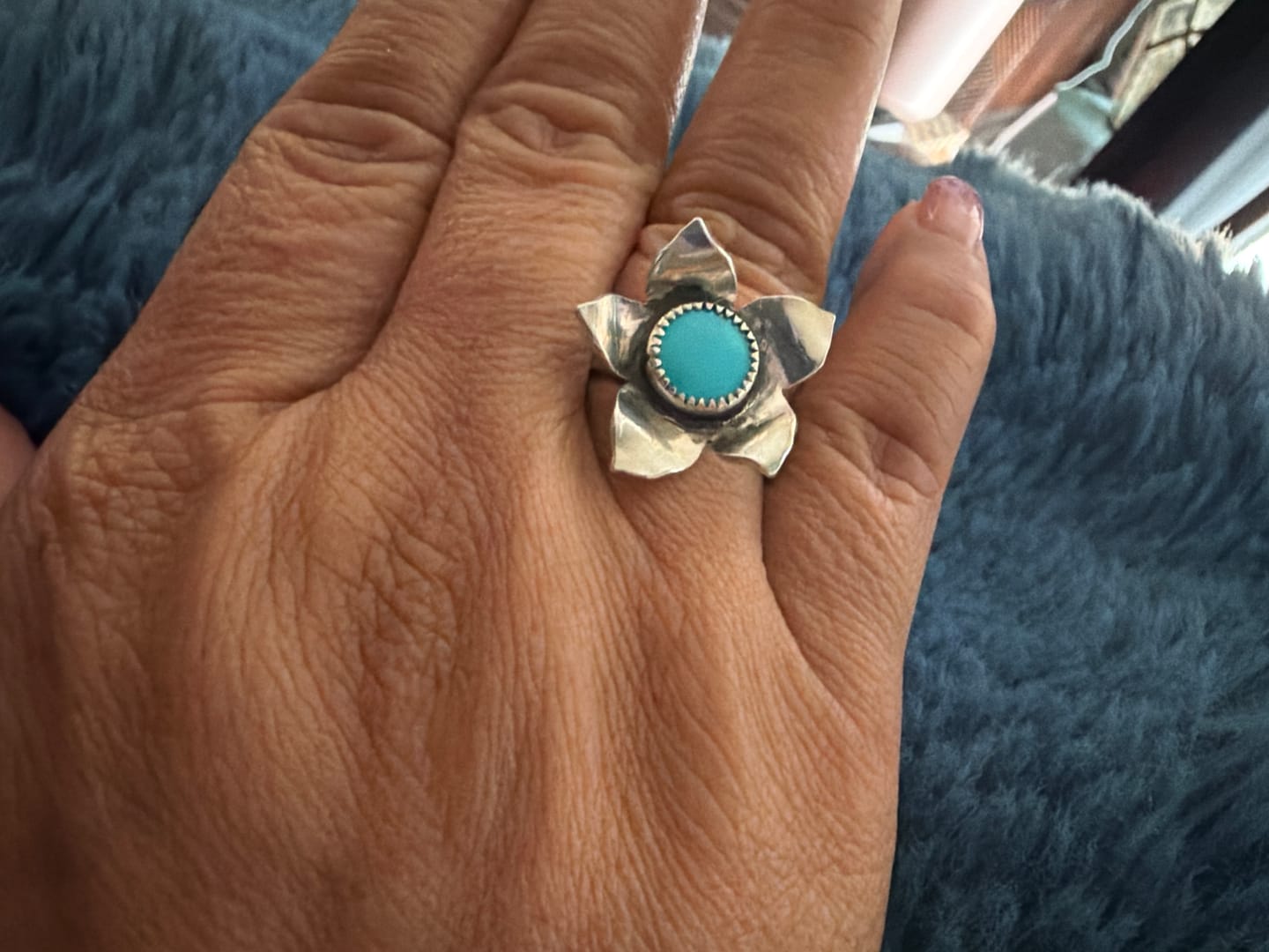 Customer photo review of Custom Handmade Sterling Silver Sampaguita Flower Ring | Turquoise Filipino Heritage Statement Ring | Made to Order