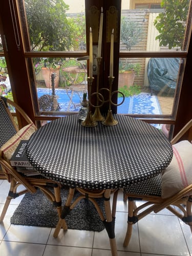 Customer's Arnaud French Provincial antique gold candle holders arranged as a centerpiece on a small round table.