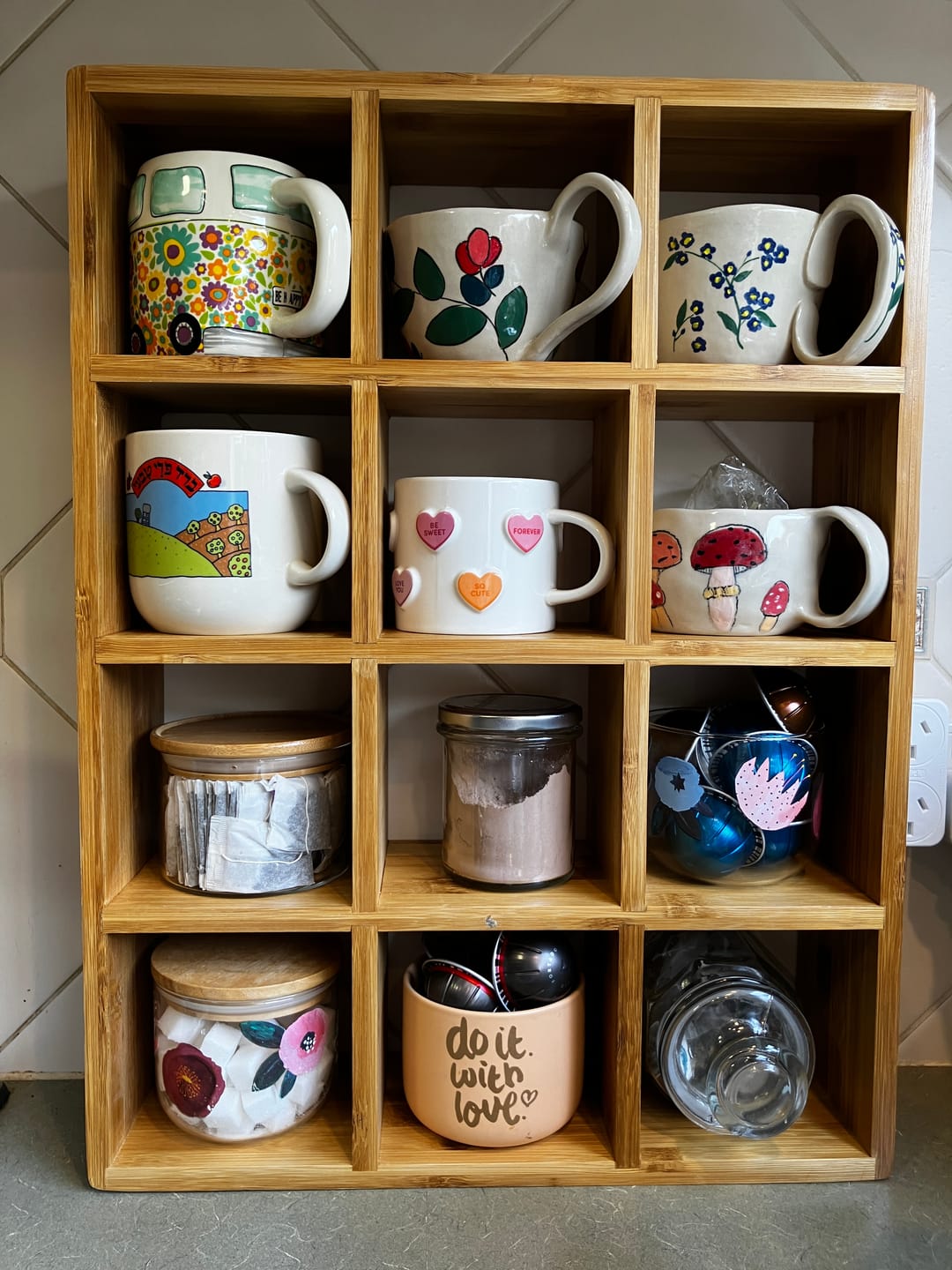 Customer photo review of Coffee Tea Mug Cup Display Shelf (12 Cube)
