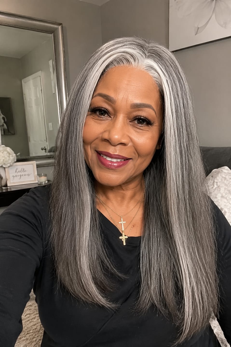 Customer photo review of Luvwin 5x5 Closure Salt & Pepper More Salt Highlight Front Glueless Straight Wig