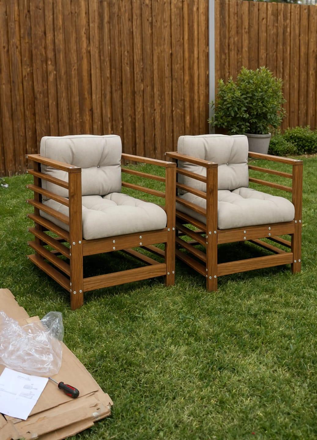 Customer photo review of Solid Douglas Wood Modular Garden Chair Set with Cushions | GardenCorner