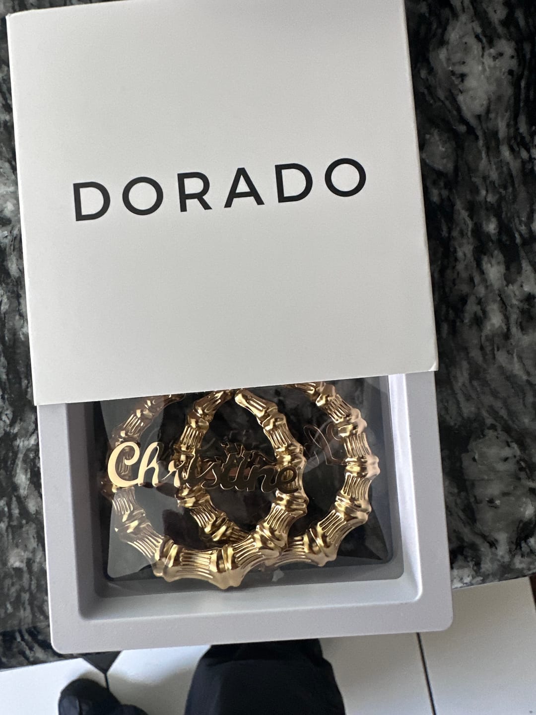 Customer photo review of Bamboo Name Hoop Earrings
