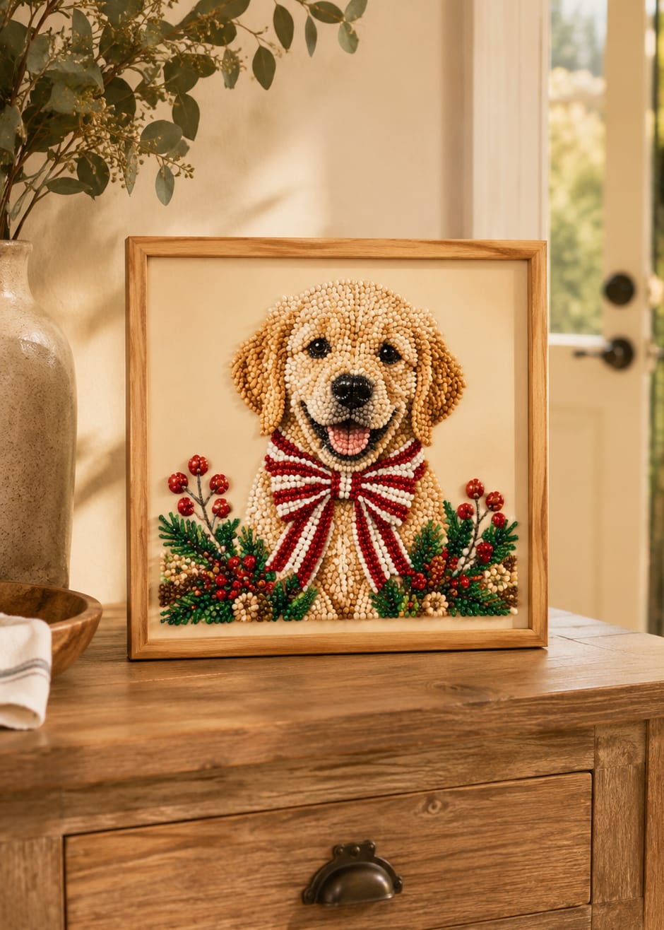 Customer photo review of Personalized Pet 3D Pearl Art DIY Kit – Custom Photo Candy Cane Bow Portrait for Christmas Home Decor & Pet Lover Gifts