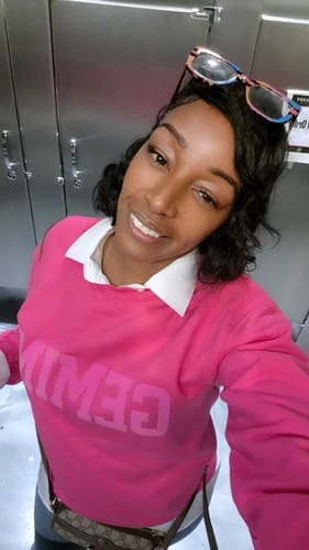 Customer photo review of Pink Zodiac Puff Print Crewneck