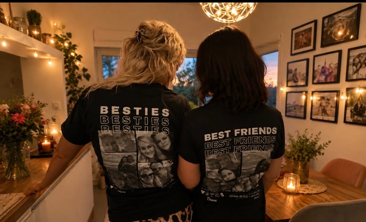 Customer photo review of "Besties" Personalisiertes Freundinnen Foto T-Shirt (Schwarz, 100% Baumwolle, Unisex), Geschenk Freundin, Schwester, Kollegin