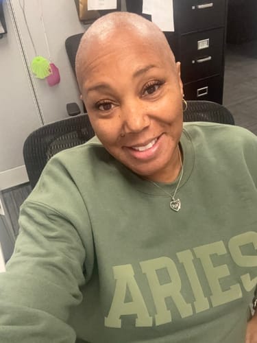 Customer photo review of Olive Green Zodiac Puff Print Crewneck