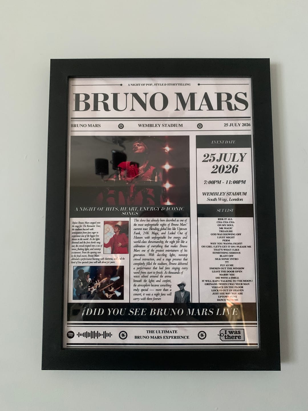 Customer photo review of Bruno Mars - Personalised Newspaper Style Concert Poster