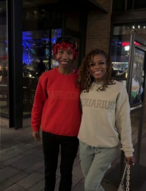 Customer photo review of Red Zodiac Puff Print Crewneck