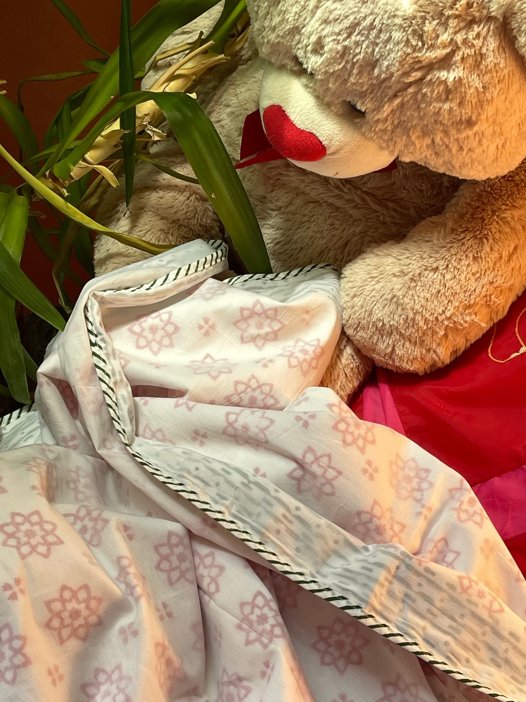 Customer photo review of Pink Star Organic Muslin Blanket — Hand Block Printed