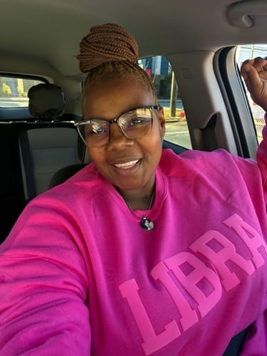 Customer photo review of Pink Zodiac Puff Print Crewneck
