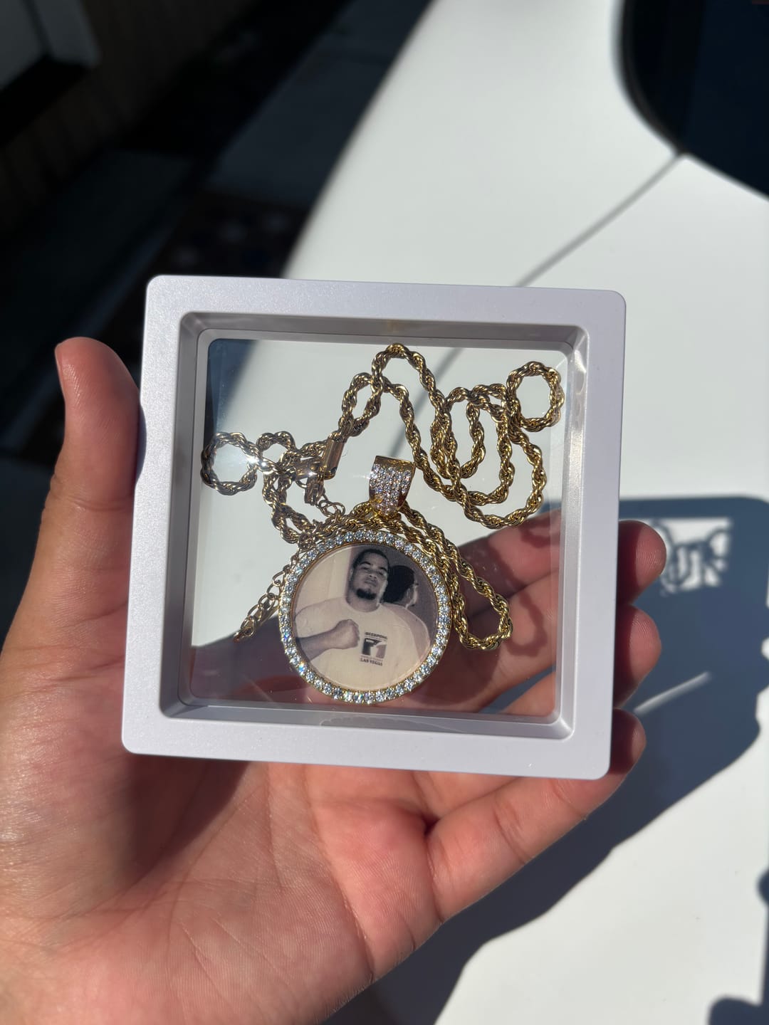 Customer photo review of Iced Circle Photo Pendant