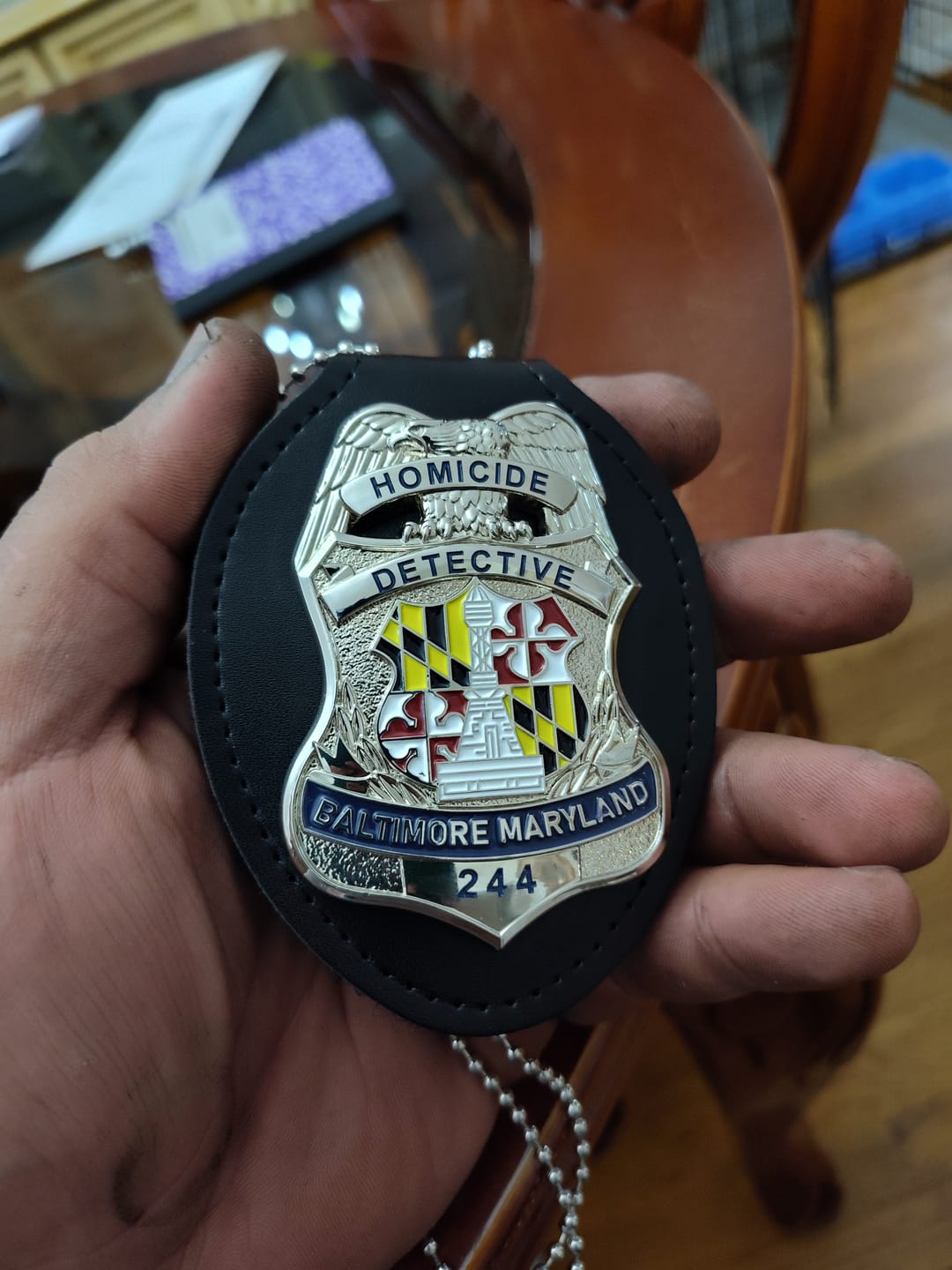 Customer photo review of Baltimore Maryland Police Badge Customizable Number & Name Replica Movie Props