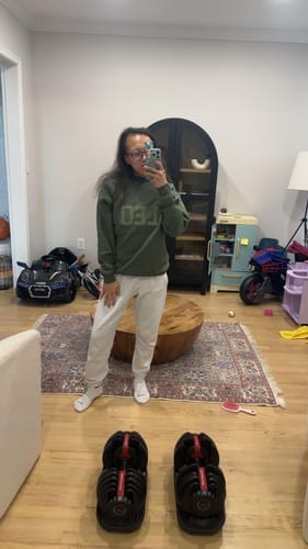 Customer photo review of Olive Green Zodiac Puff Print Crewneck