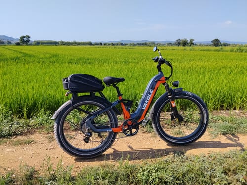 Customer's Vakole V26 electric bike parked on a dirt path next to a bright green field.