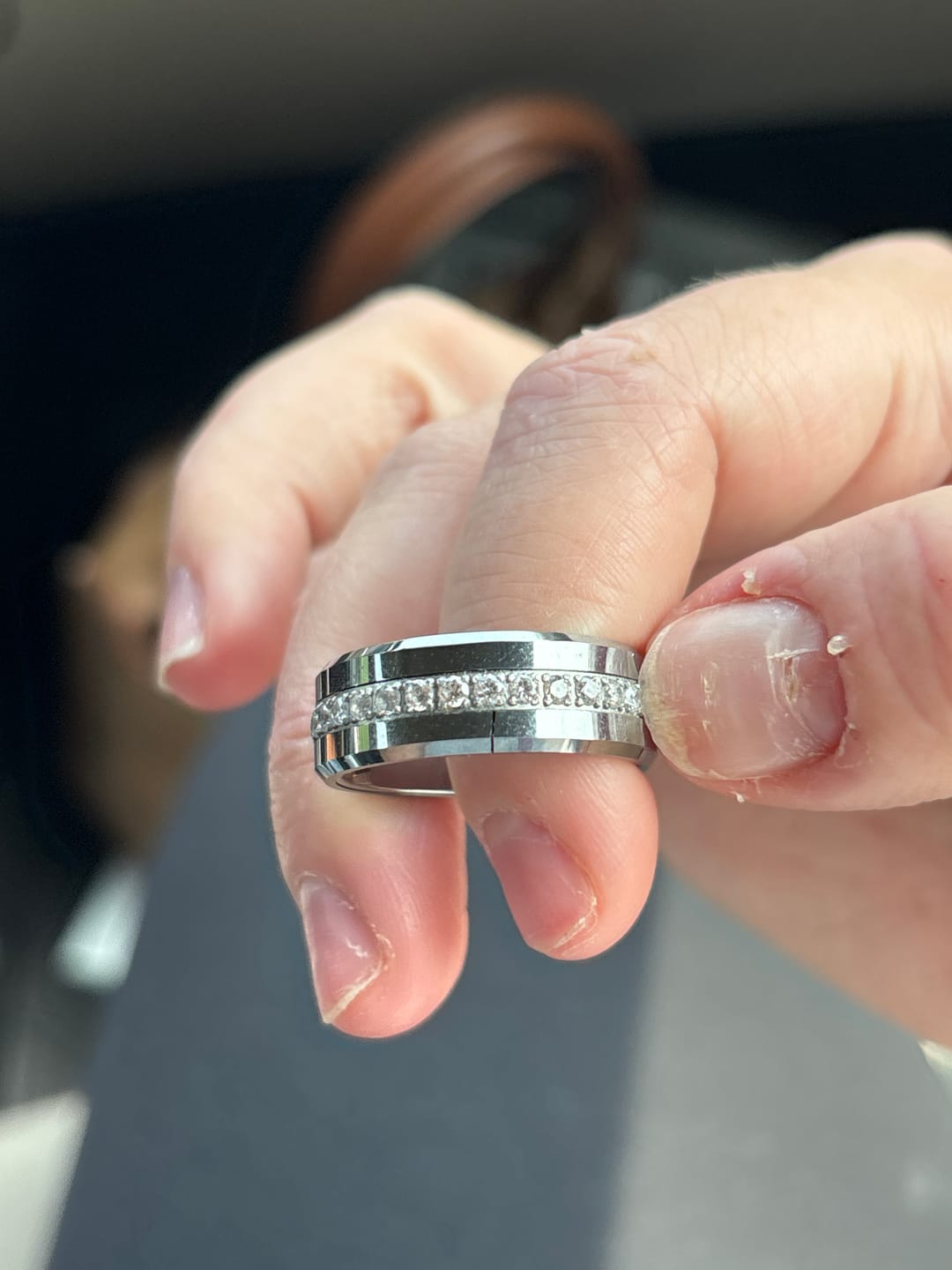 Customer photo review of 8mm - Tungsten Carbide Wedding Band Fully Stacked Cubic Zircon Beveled Edge Comfort Fit