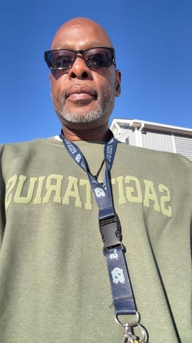 Customer photo review of Olive Green Zodiac Puff Print Crewneck