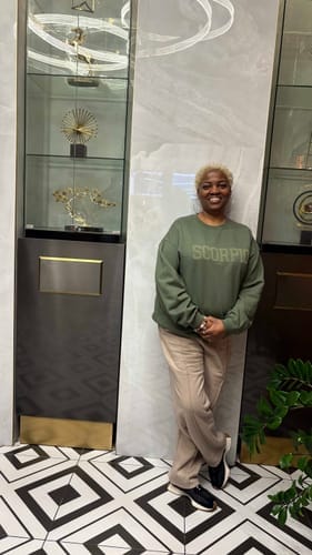 Customer photo review of Olive Green Zodiac Puff Print Crewneck