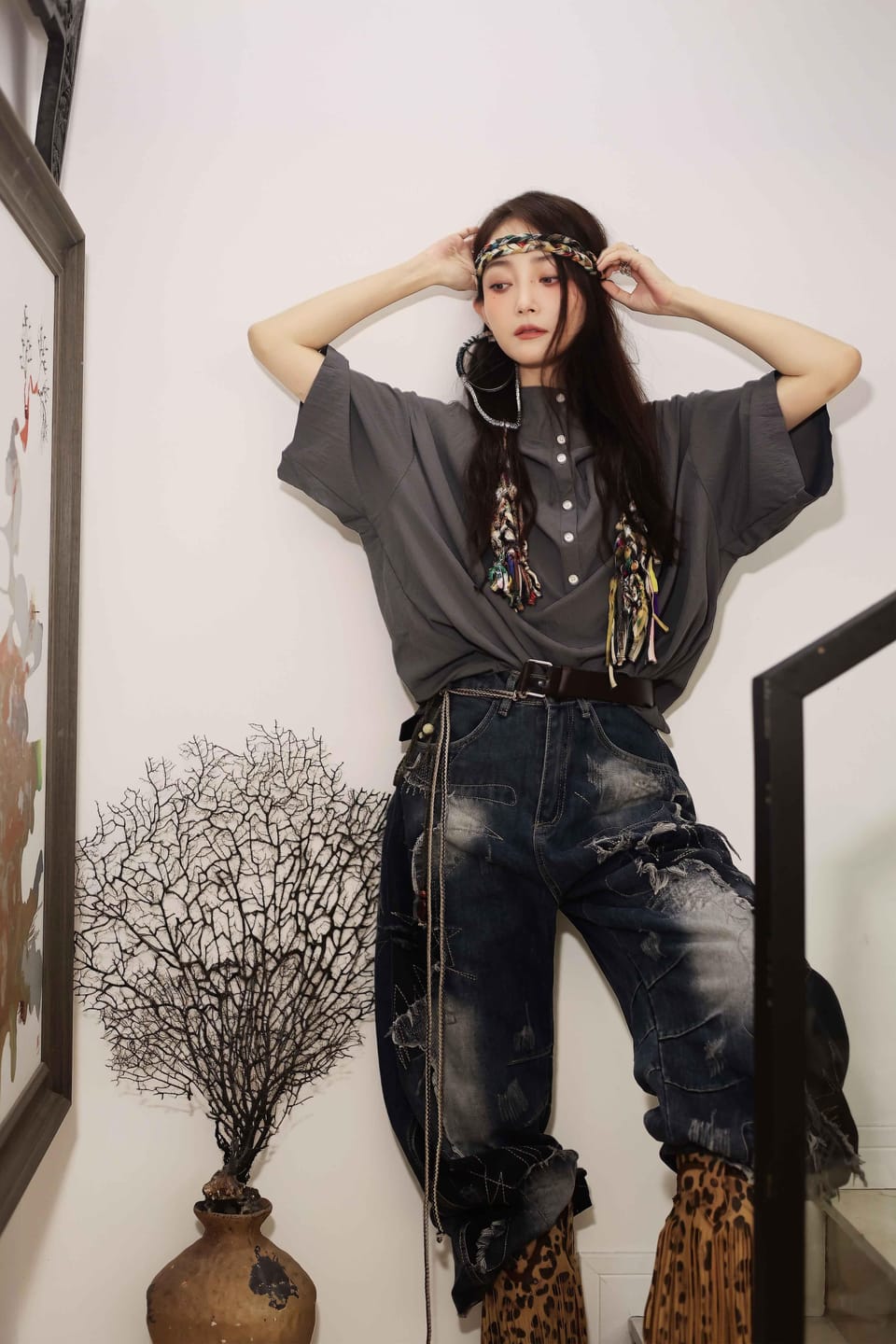 Customer photo review of Patched Washed Distressed Wide-Leg Jeans