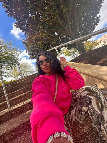 Customer photo review of Pink Zodiac Puff Print Crewneck