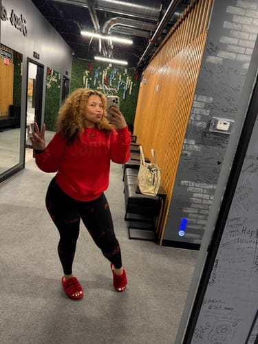 Customer photo review of Red Zodiac Puff Print Crewneck
